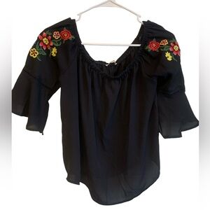 Bleuh Ciel size Med black off the shoulder embroidered mid bell ruffle sleeve